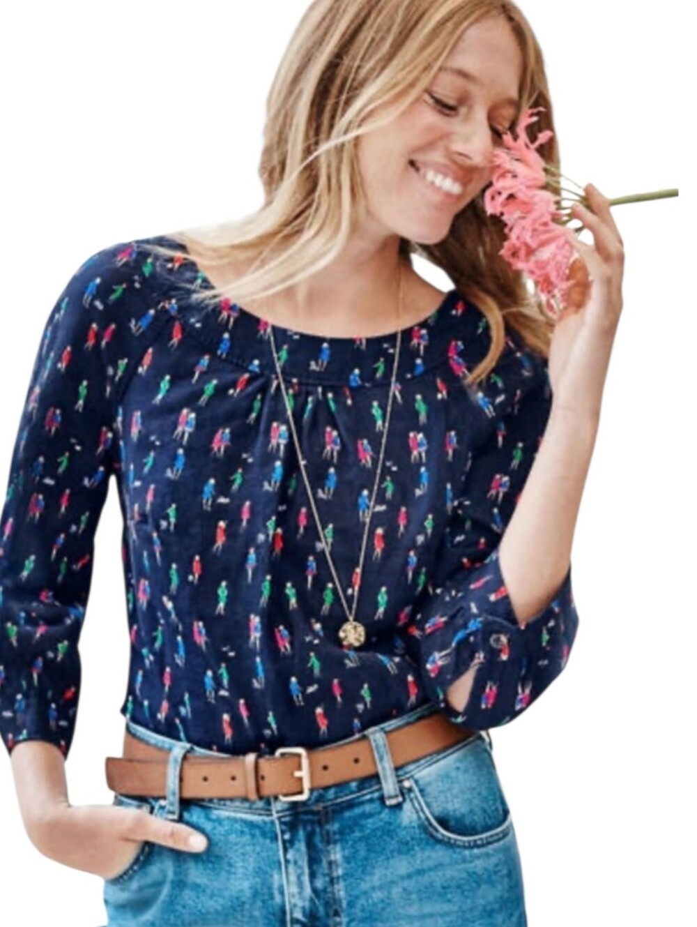 Boden Navy Linen Lavinia Dog Walker Print  Blouse